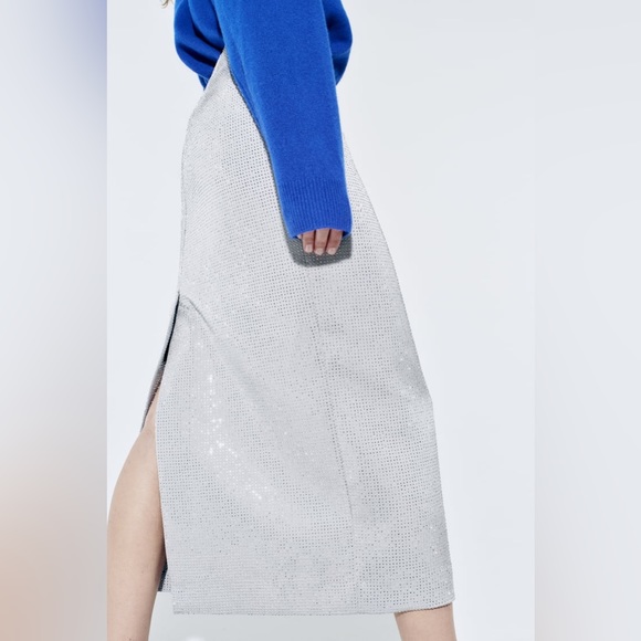 Zara shiny Rhinestone appliqués high waist slit hem midi pencil skirt Sz.L